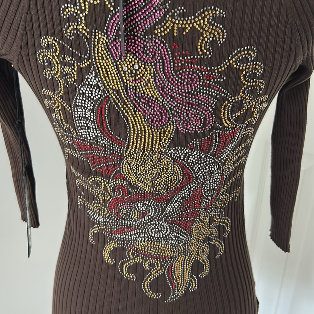 Ed Hardy Brown Ribbed Rhinestone Cold Shoulder Sweater - Picture 5 of 12
